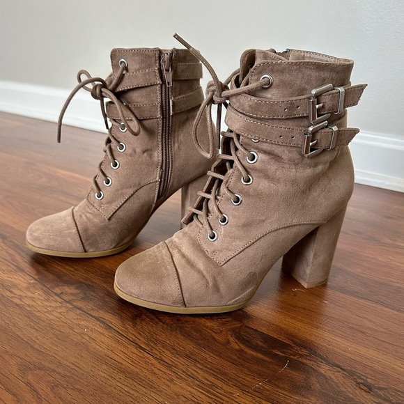 Madden Girl Shoes - Madden Girl Tan Lace Up Boots with Chunky Heel